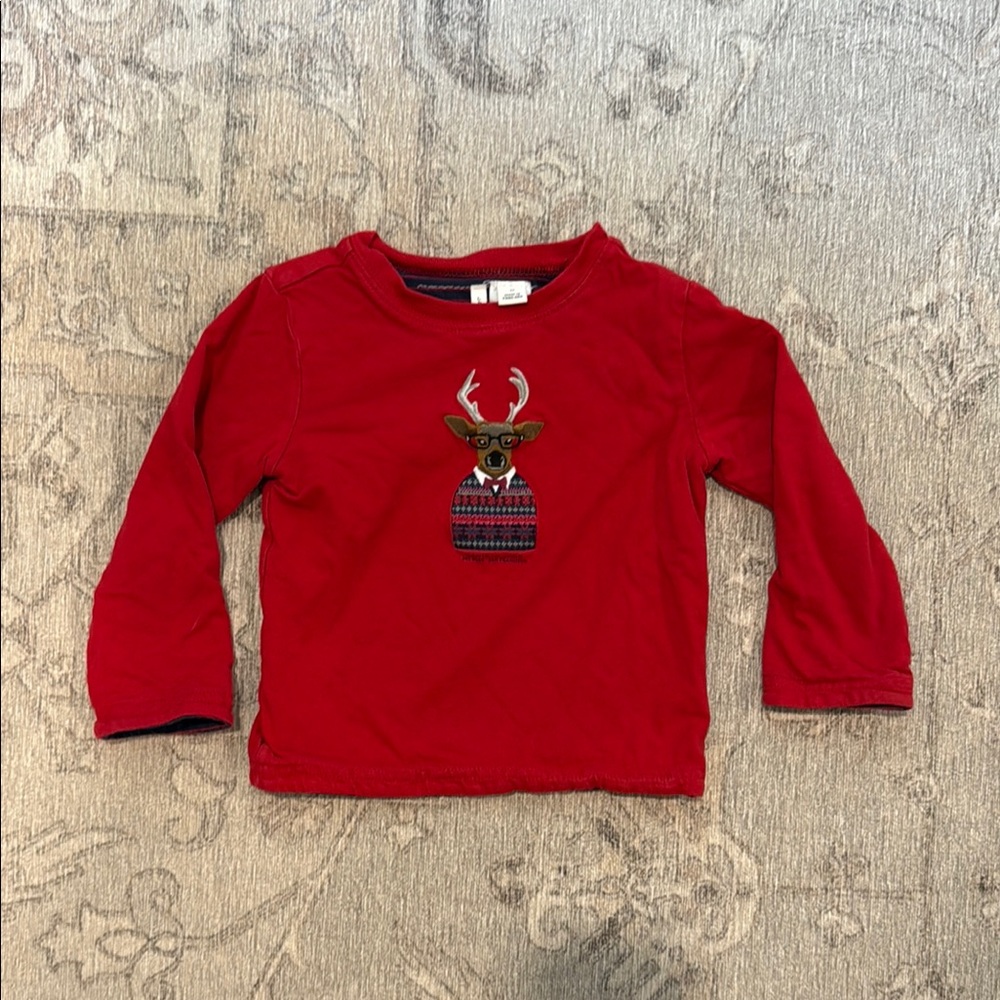 Janie and Jack Red Long Sleeve Tee with Reindeer Holiday Motif Size 2T